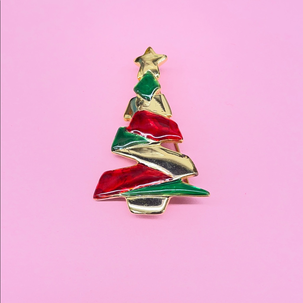 Festive Gold And Red Christmas Tree Brooch 15$